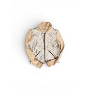 Y2K Phosphorus Metallic Silver Genuine Leather Knit Sleeve Jacket Women M
